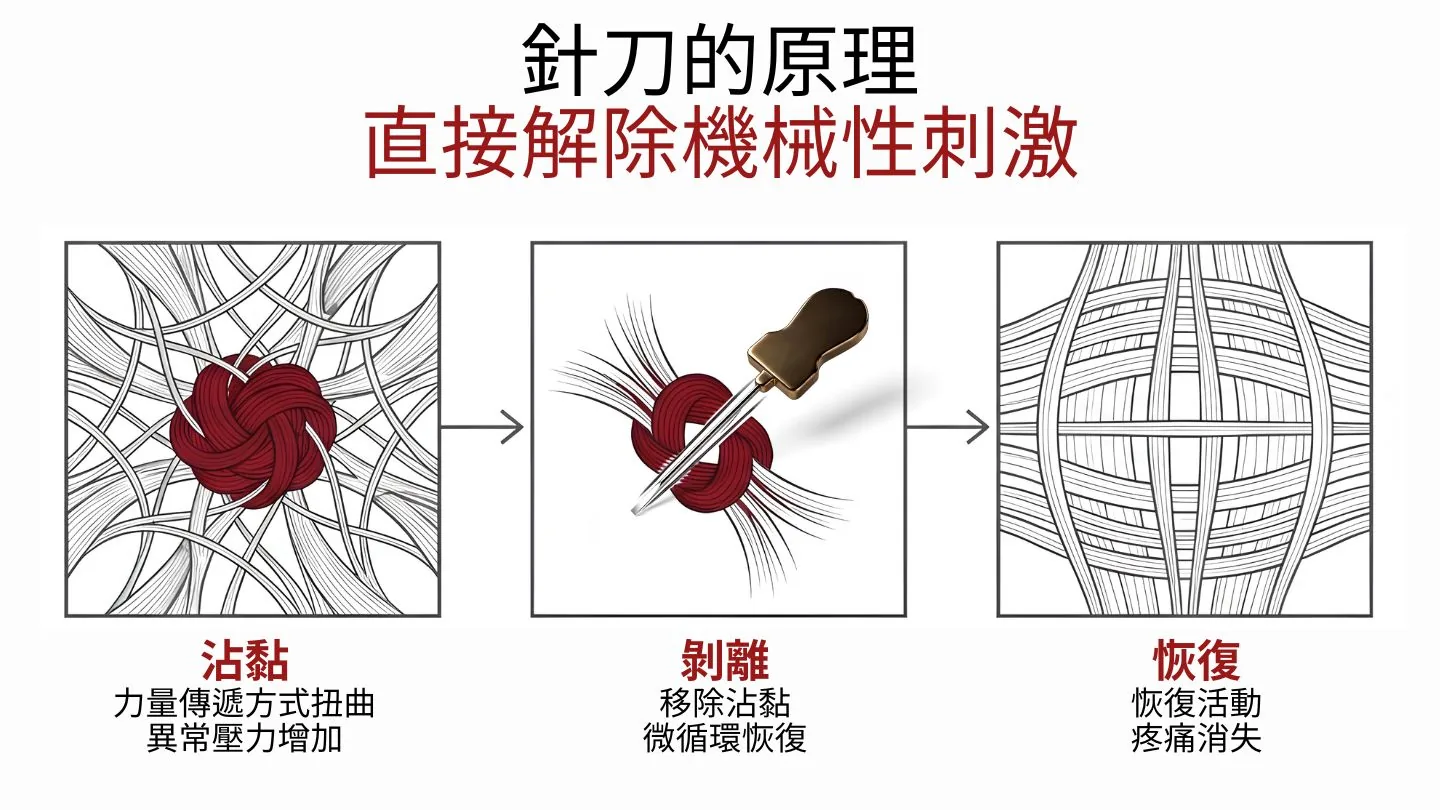 針刀的角色：直接解除機械性刺激 — 沾黏、剝離、恢復的三階段