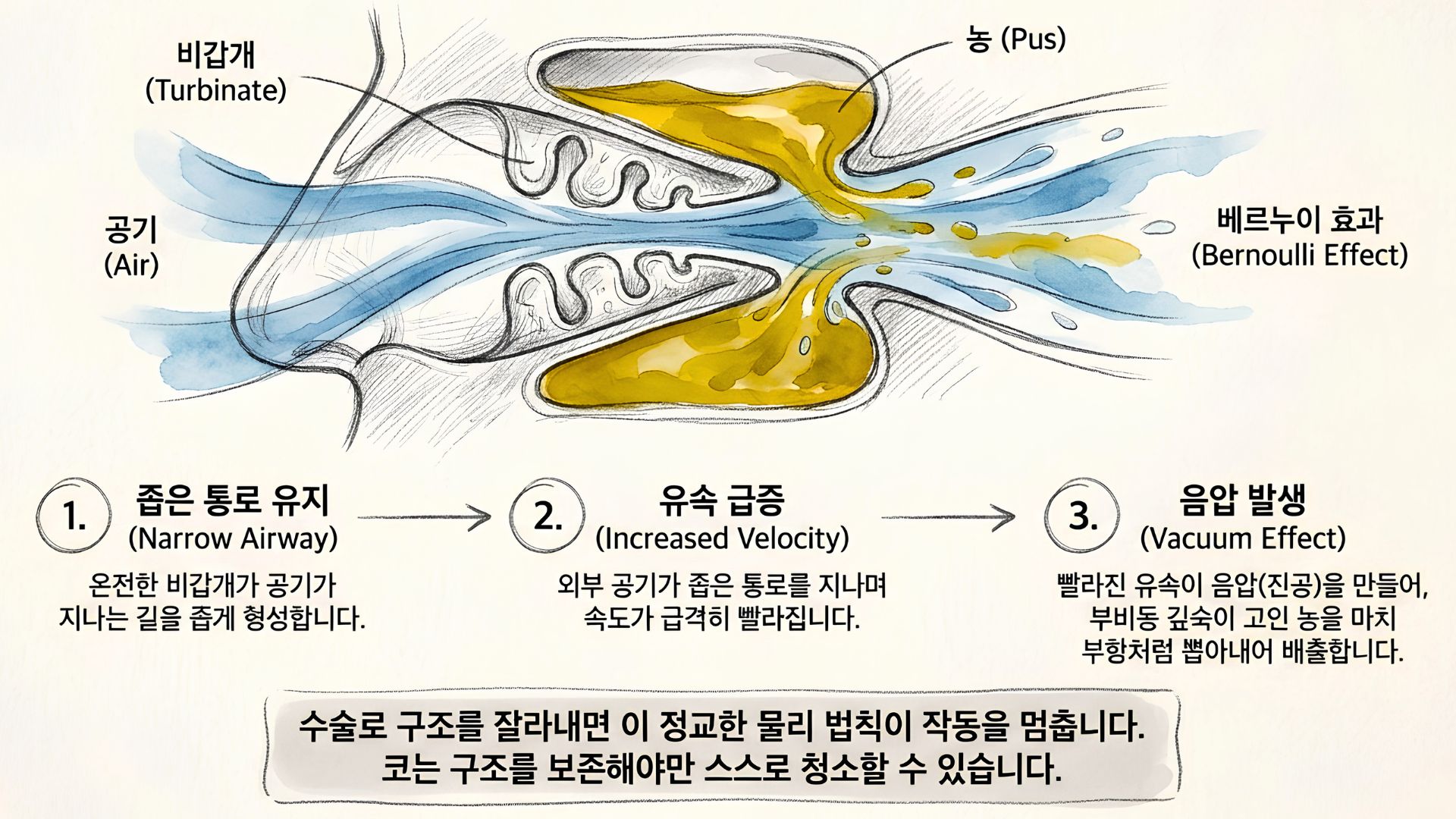 베르누이 효과 도식 — 좁은 콧속 통로에서 공기 유속이 빨라지며 음압이 생겨 부비동 분비물이 빨려 나오는 원리