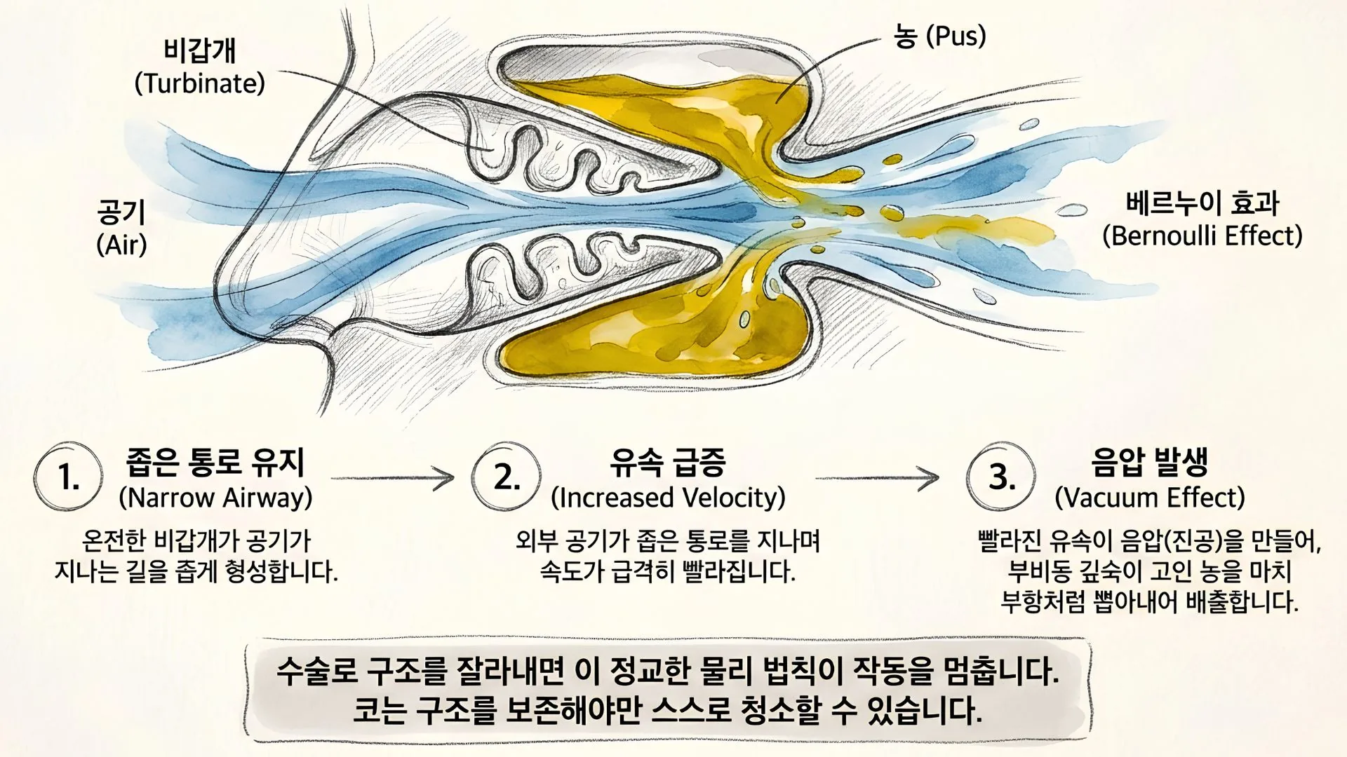 베르누이 효과 도식 — 좁은 콧속 통로에서 공기 유속이 빨라지며 음압이 생겨 부비동 분비물이 빨려 나오는 원리