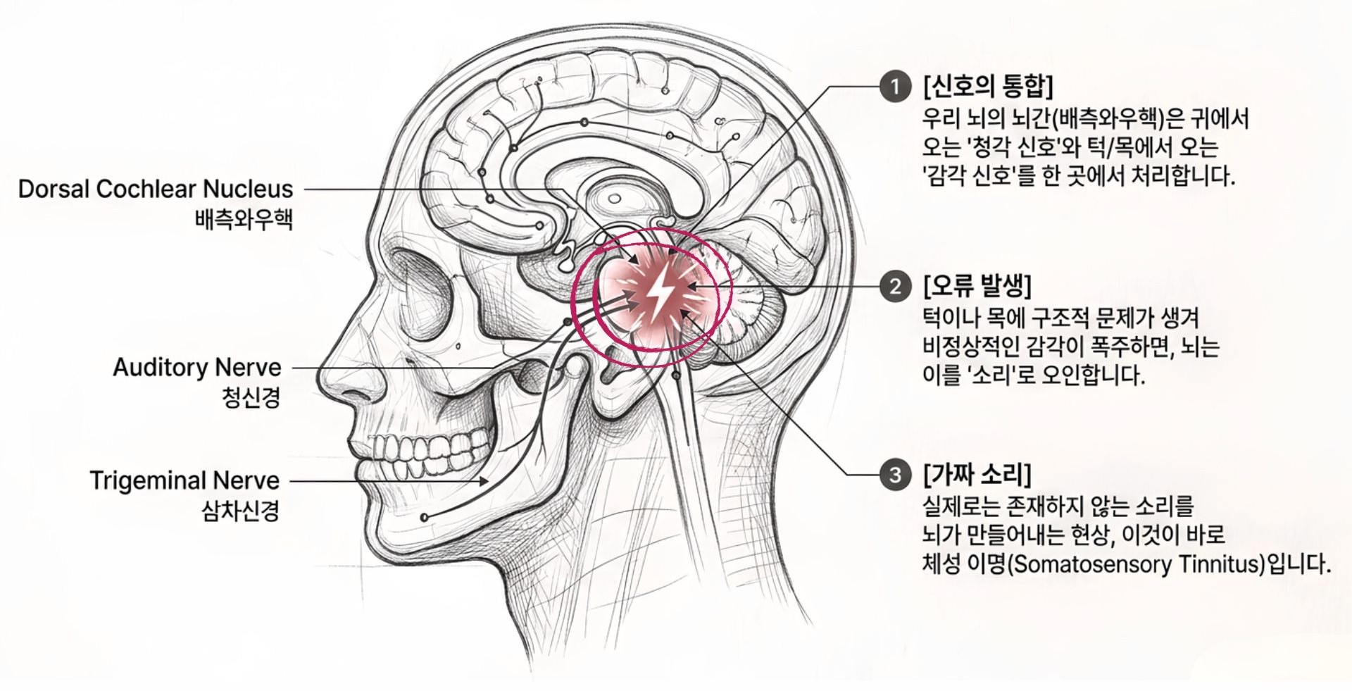 귀의 청각 신호와 턱·목의 감각 신호가 뇌간(배측와우핵)에서 만나, 턱·목의 구조적 문제로 비정상 신호가 발생하면 뇌가 이를 소리로 오인해 체성 이명이 생기는 과정 도식