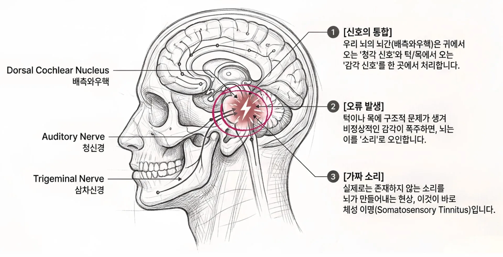 귀의 청각 신호와 턱·목의 감각 신호가 뇌간(배측와우핵)에서 만나, 턱·목의 구조적 문제로 비정상 신호가 발생하면 뇌가 이를 소리로 오인해 체성 이명이 생기는 과정 도식
