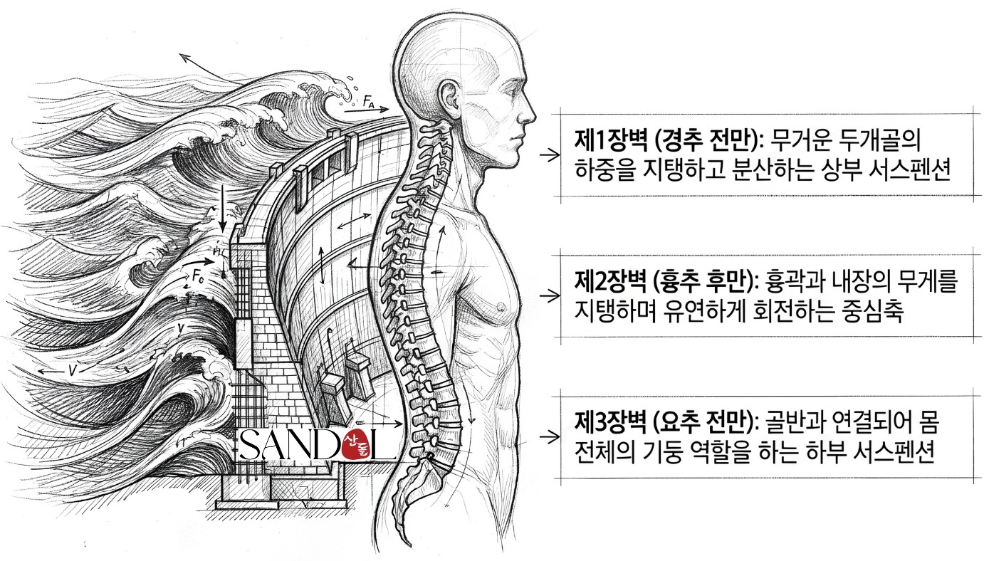 척추의 3개 커브 구조가 댐처럼 충격을 막아내는 모습