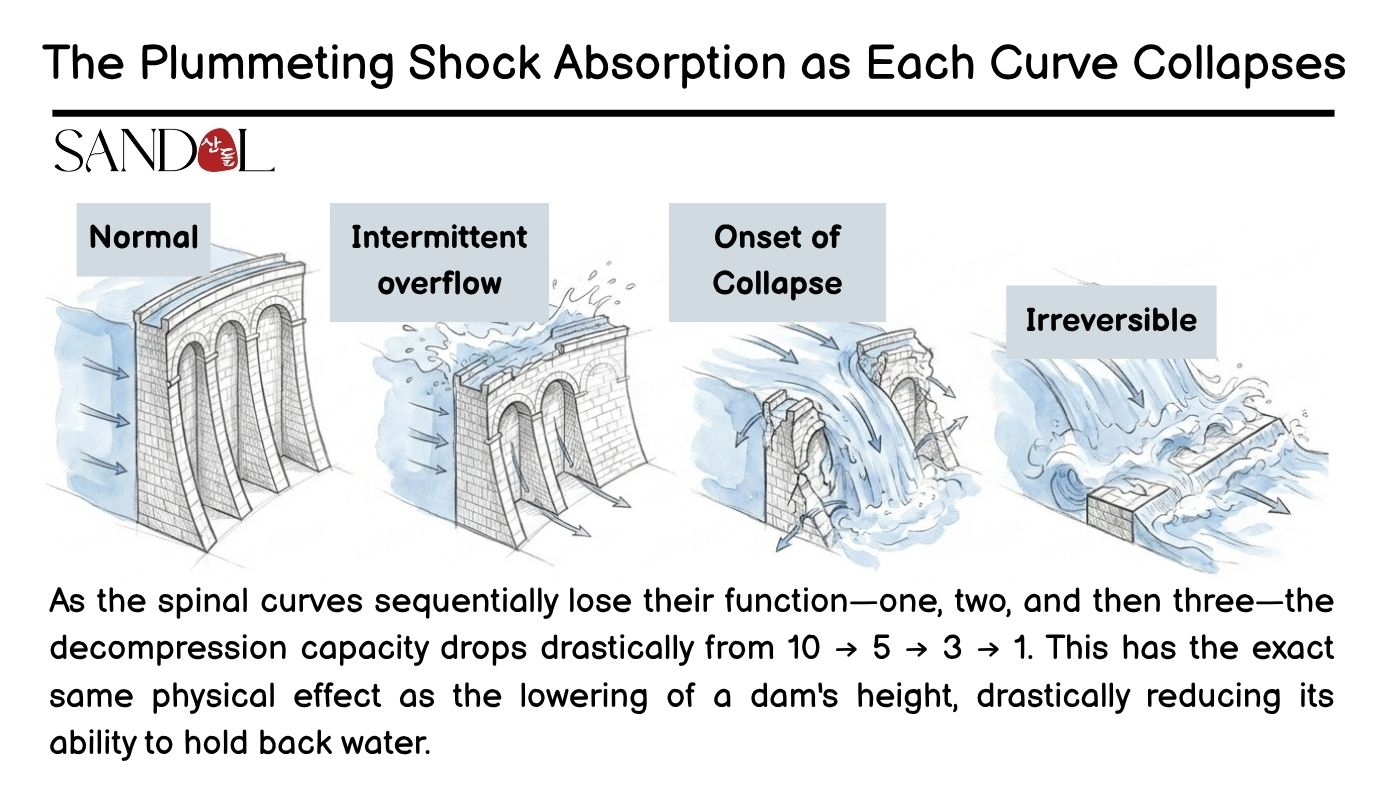 The spinal curves collapsing one after another, like a dam giving way