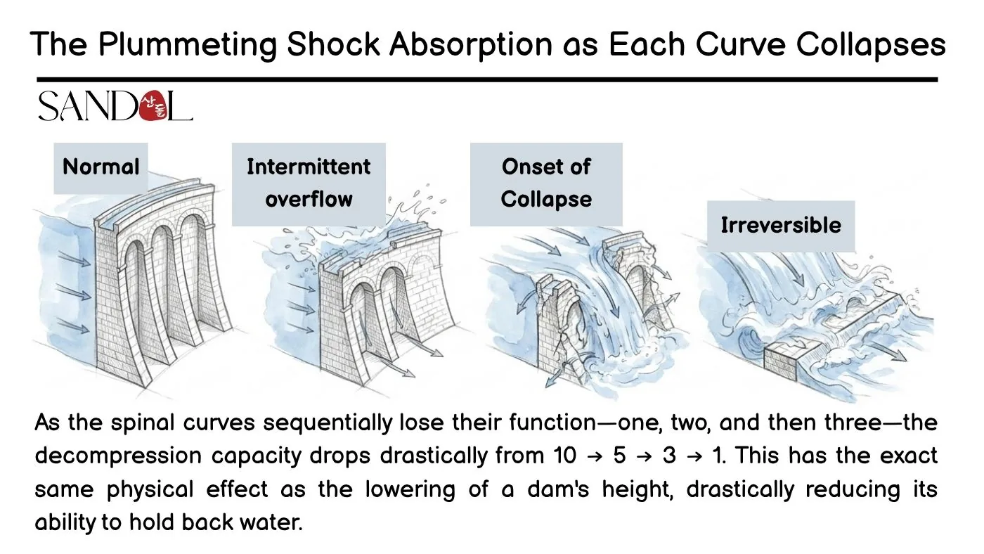The spinal curves collapsing one after another, like a dam giving way