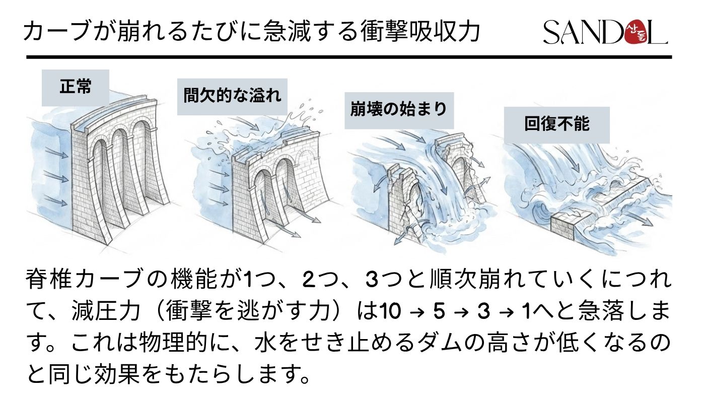 脊椎のカーブが次々と崩れ、ダムが決壊していく様子