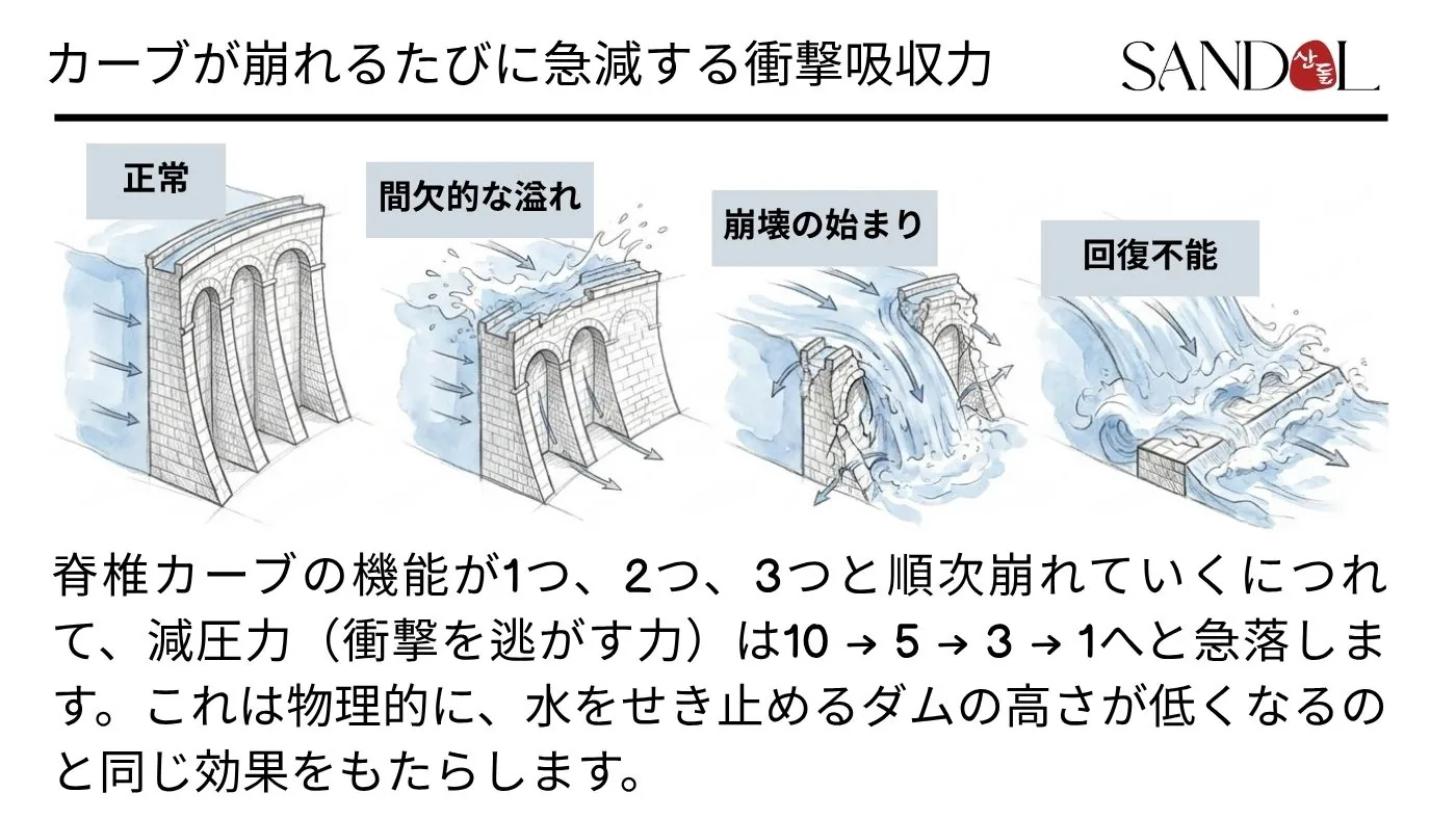 脊椎のカーブが次々と崩れ、ダムが決壊していく様子