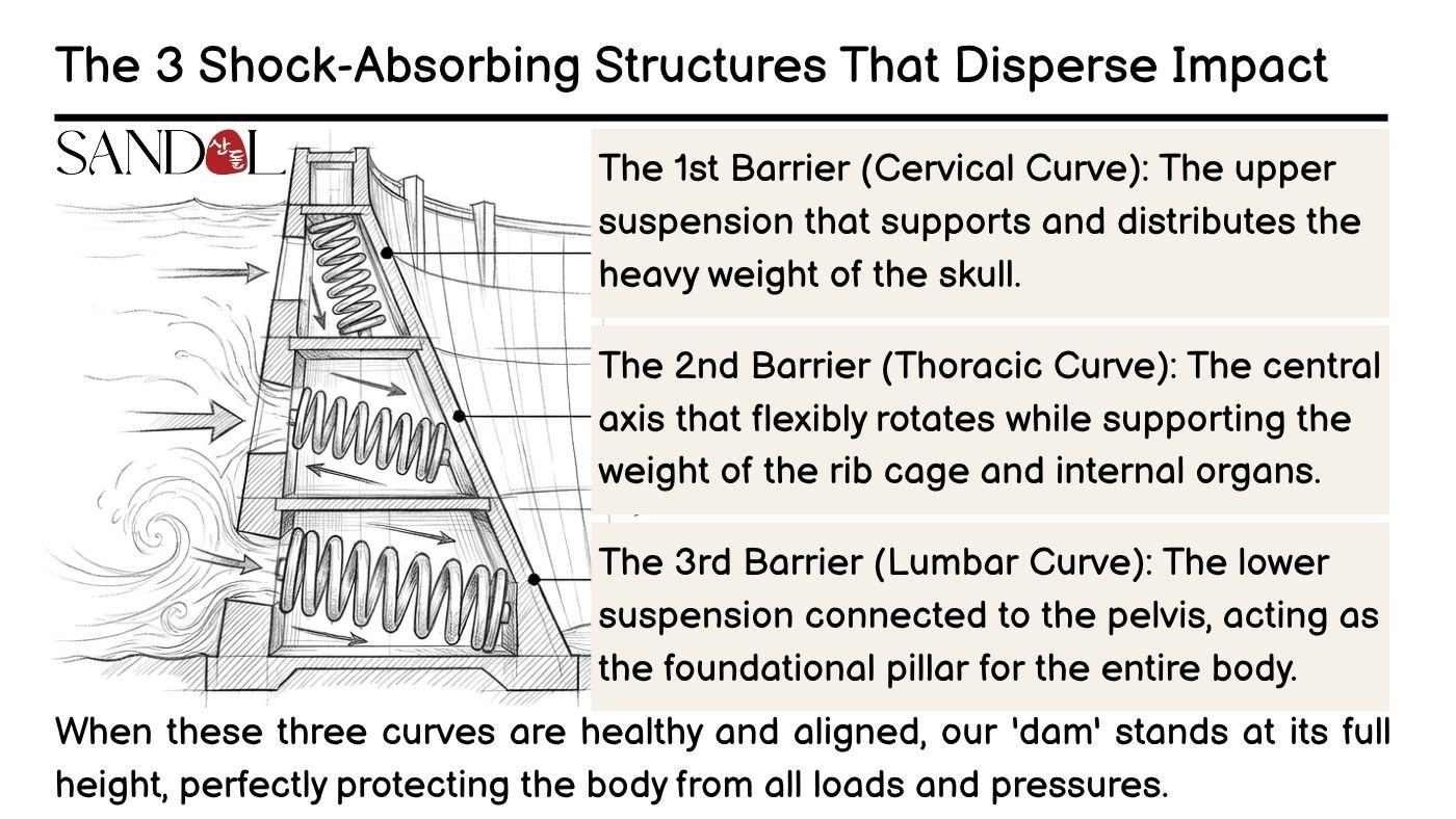 The spine's three-curve structure holding back shock like a dam