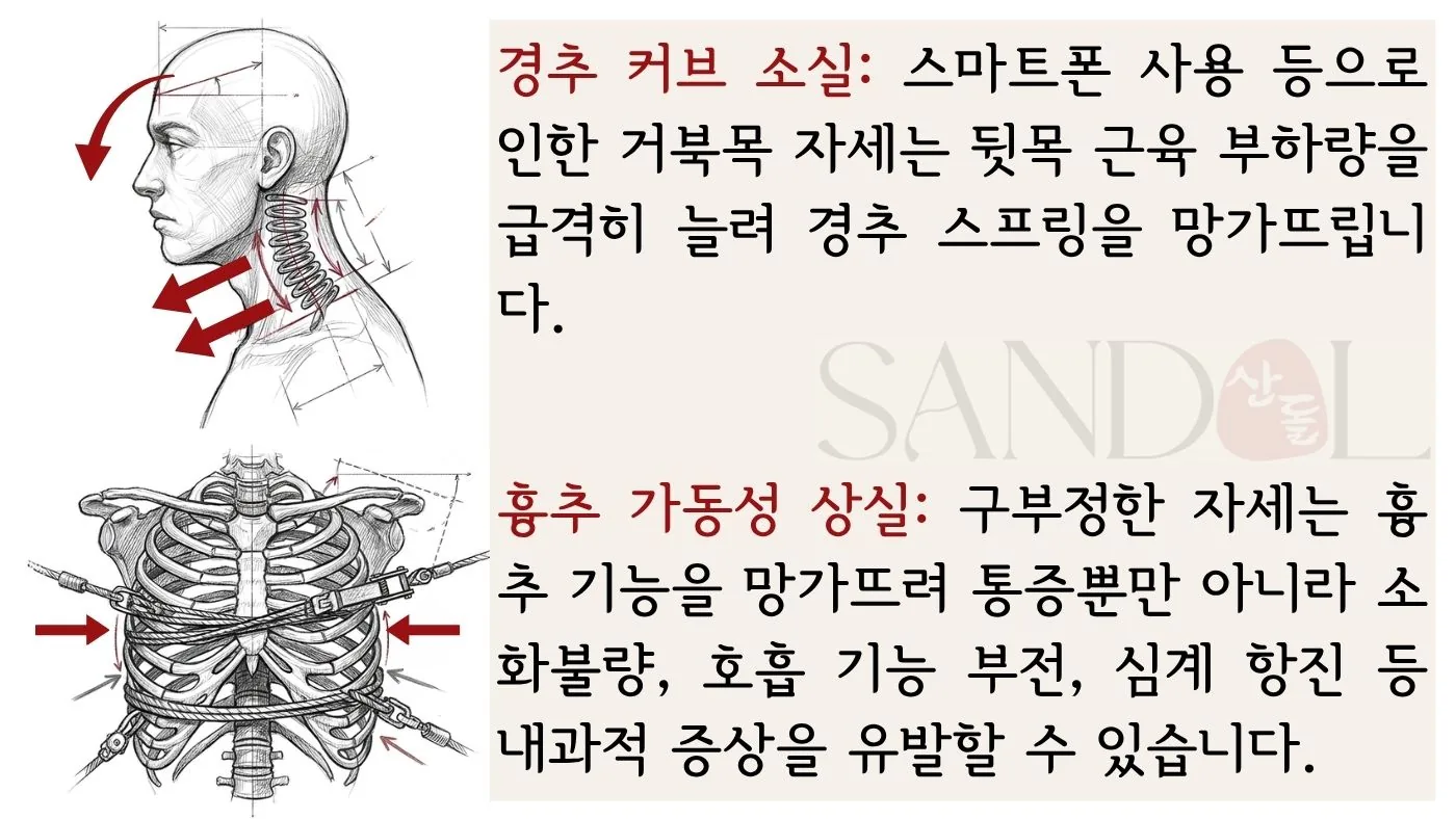 목과 흉추의 붕괴로 시작되는 머리 얼굴의 통증