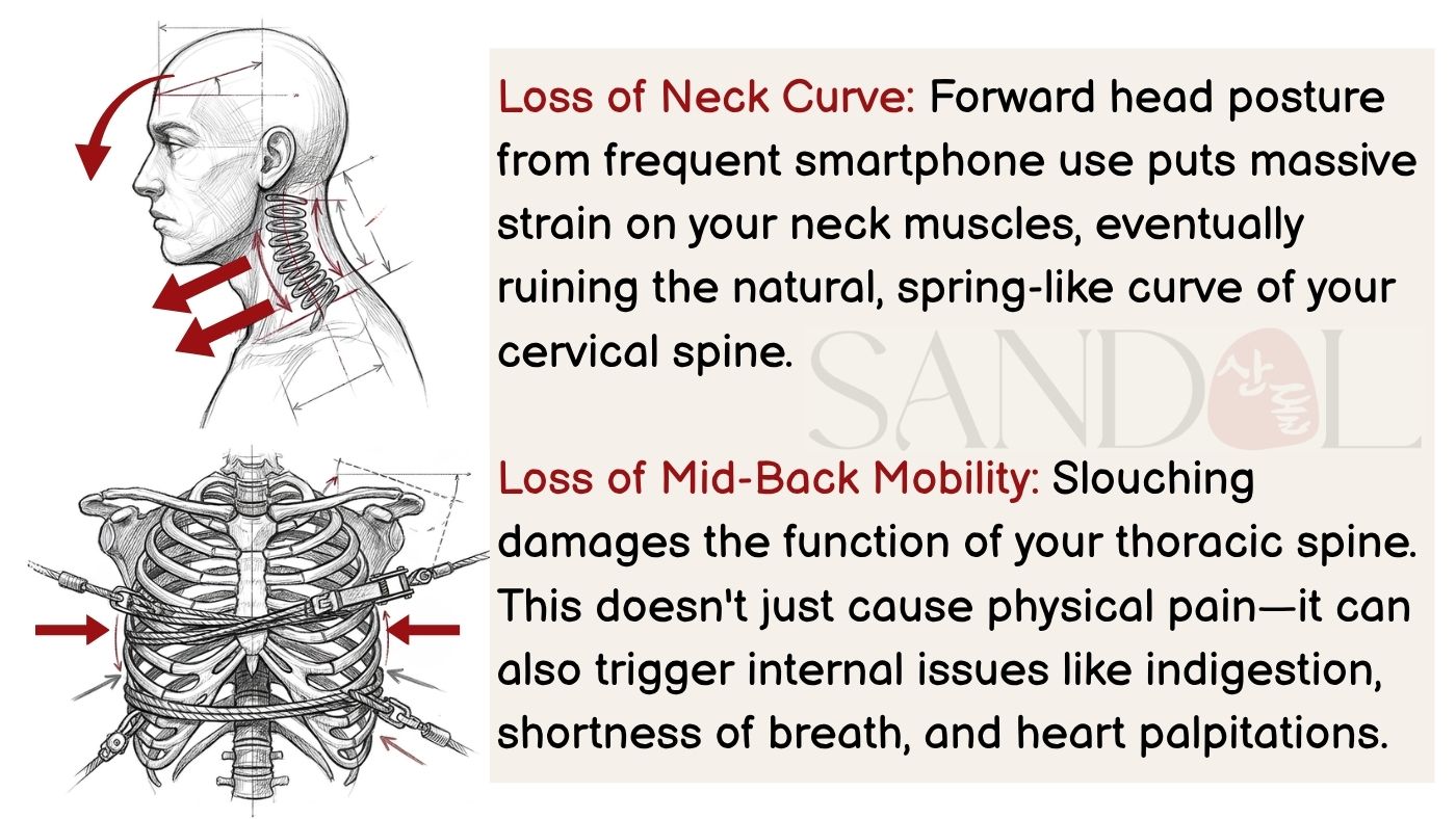 Head and facial pain that begins with the collapse of the neck and thoracic spine