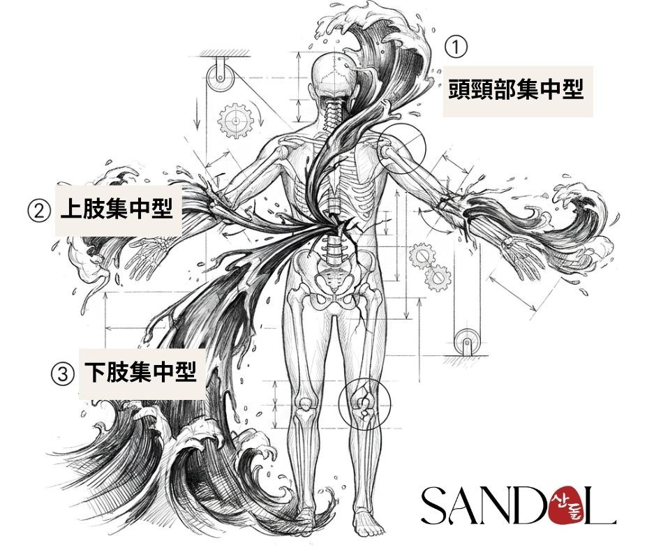 ダムが崩れて水があふれるように、痛みが全身に広がる様子