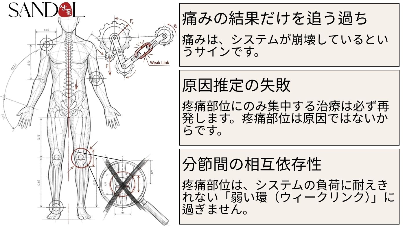 痛みの結果だけを追いかけるのではなく、根本原因を見るべきだというメッセージ
