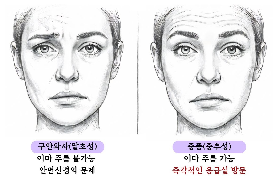 말초성(구안와사)과 중추성 안면마비 감별 — 이마 주름 여부