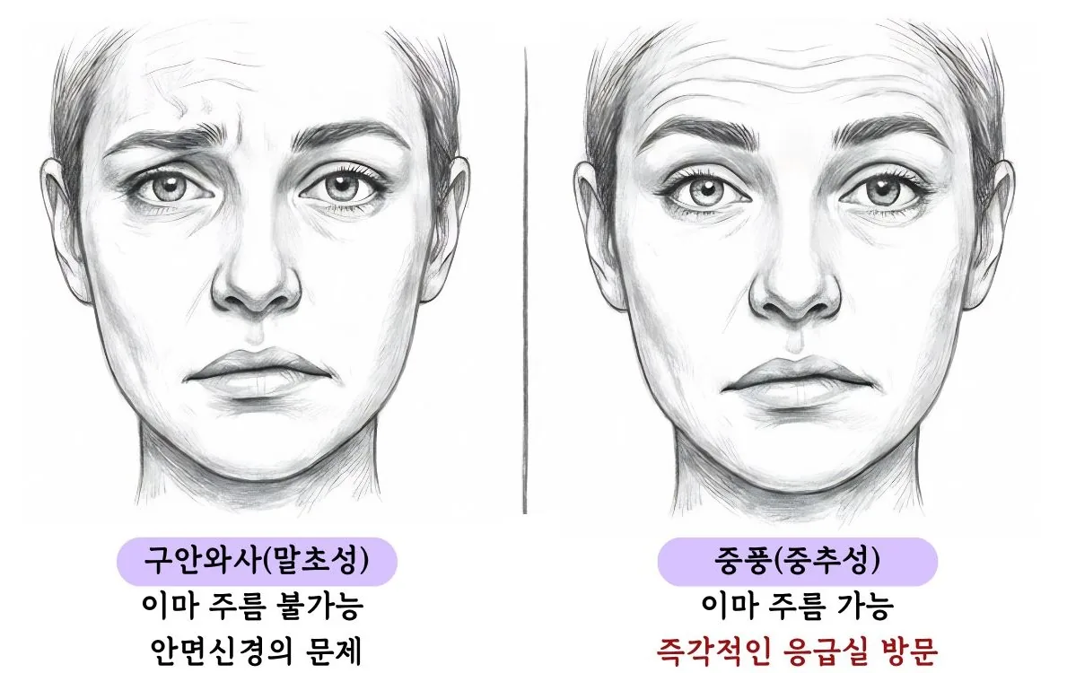 말초성(구안와사)과 중추성 안면마비 감별 — 이마 주름 여부