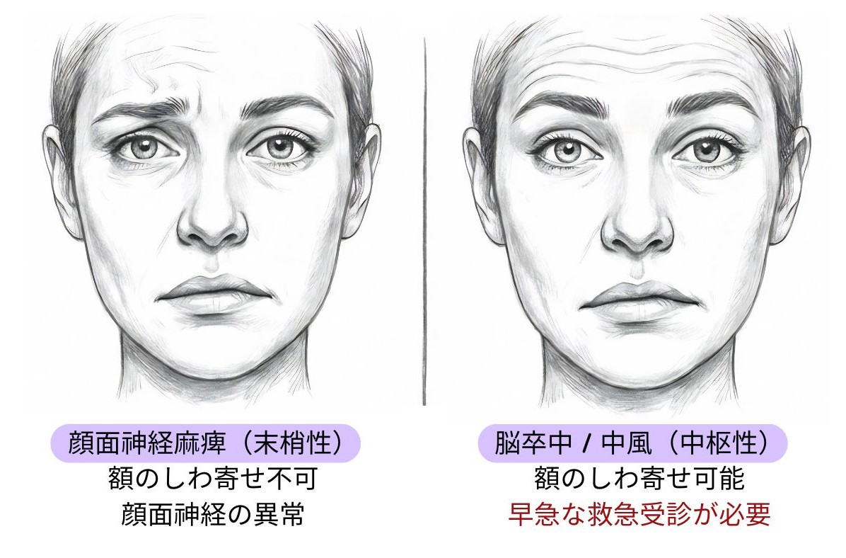 末梢性と中枢性の顔面神経麻痺の見分け — 額のしわの有無