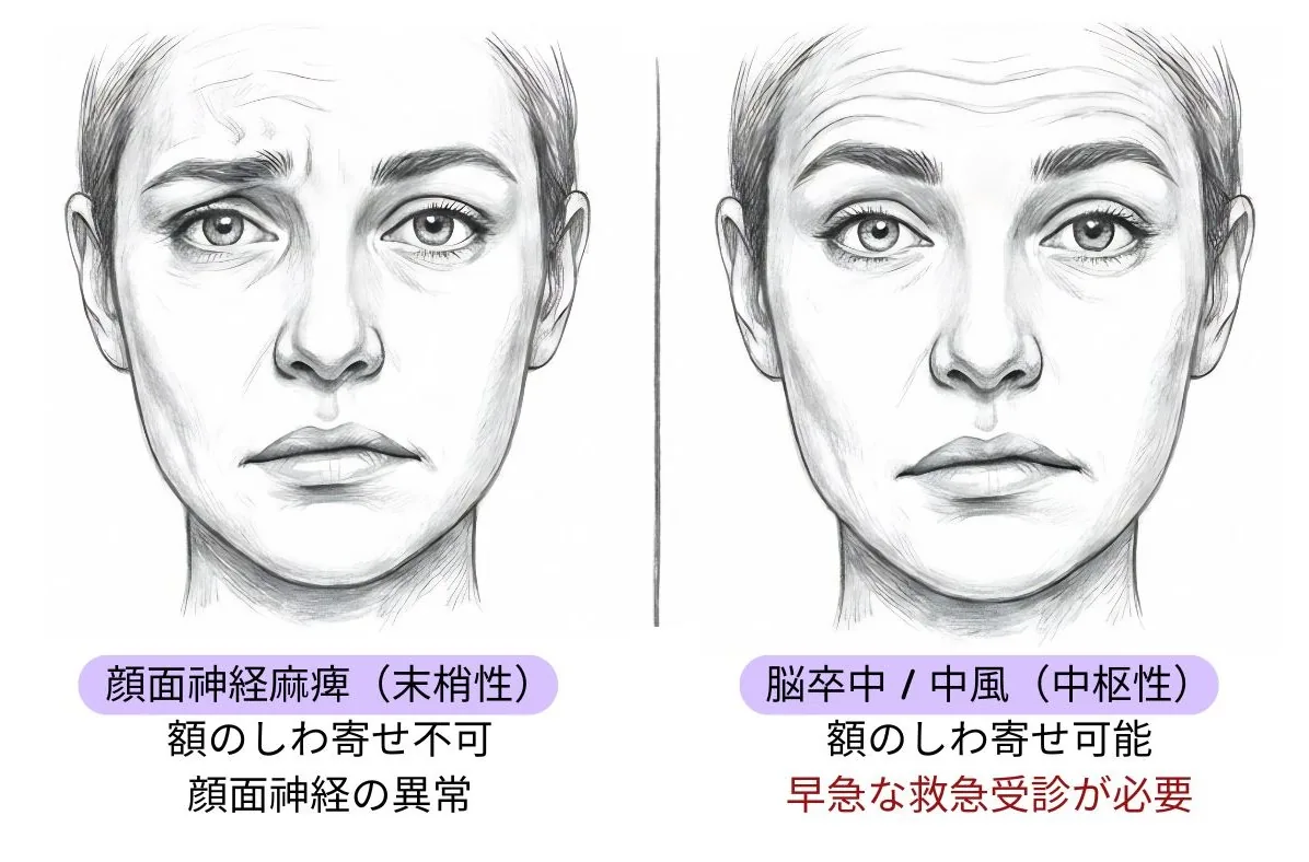 末梢性と中枢性の顔面神経麻痺の見分け — 額のしわの有無