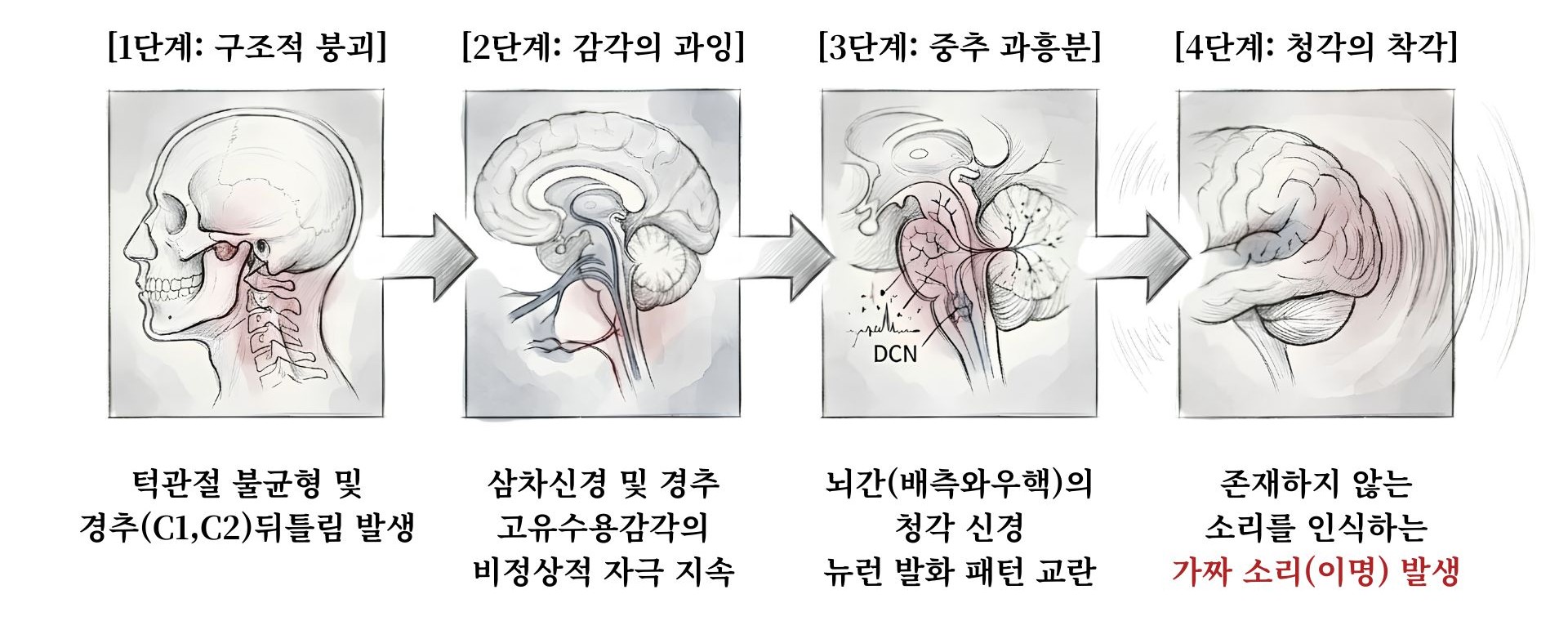턱관절·경추 뒤틀림(구조적 붕괴) → 삼차신경·경추 고유수용감각의 비정상 자극(감각의 과잉) → 뇌간(배측와우핵) 청각 뉴런 발화 패턴 교란(중추 과흥분) → 존재하지 않는 소리를 인식하는 가짜 소리(청각의 착각)로 이어지는 4단계 과정 도식